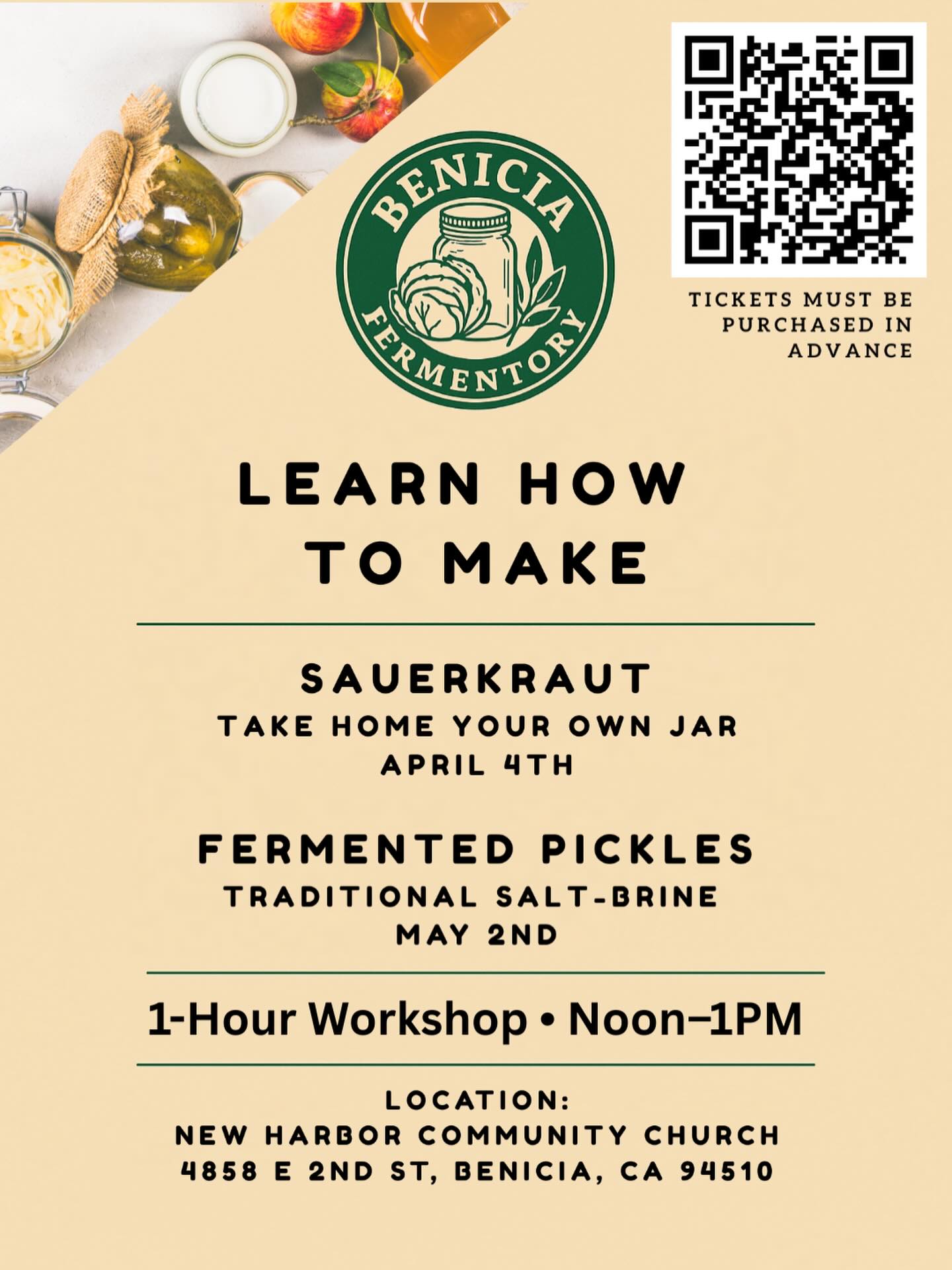 Fermentation classes are back in Benicia! 🫙✨Join me this spring for two hands-on workshops where you’ll learn the art and science of fermentation — and leave with your own jar to take home.

🥬 Sauerkraut Workshop — April 4
Learn the fundamentals of lactic acid fermentation while crafting your own batch of probiotic-rich sauerkraut.

🥒 Fermented Pickles — May 2
Discover how traditional pickles are made using salt, time, and beneficial microbes — no vinegar required.

These workshops are designed for beginners and curious food lovers alike. You’ll learn the techniques, the science behind fermentation, and how to confidently start fermenting at home.

✔ Hands-on instruction
✔ Make & take home your own jar
✔ Simple techniques you can repeat in your own kitchen

🎟 Tickets available in advance — scan the QR code in the poster or visit beniciafermentory.com 

Come ferment with me in Benicia. 

#benicia #fermentation #sauerkraut #pickles #guthealth @kelsey_bye_benicia @beniciachamber @beniciamainst @visitbenicia @beniciapubliclibrary @beniciamomsgroup @beniciayachtclub @beniciabeat @allthingsbenicia